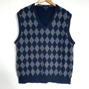 Lands’ End Mens Grandpa Argyle Sweater Vest - Large - Navy Gray 100% Cotton Knit